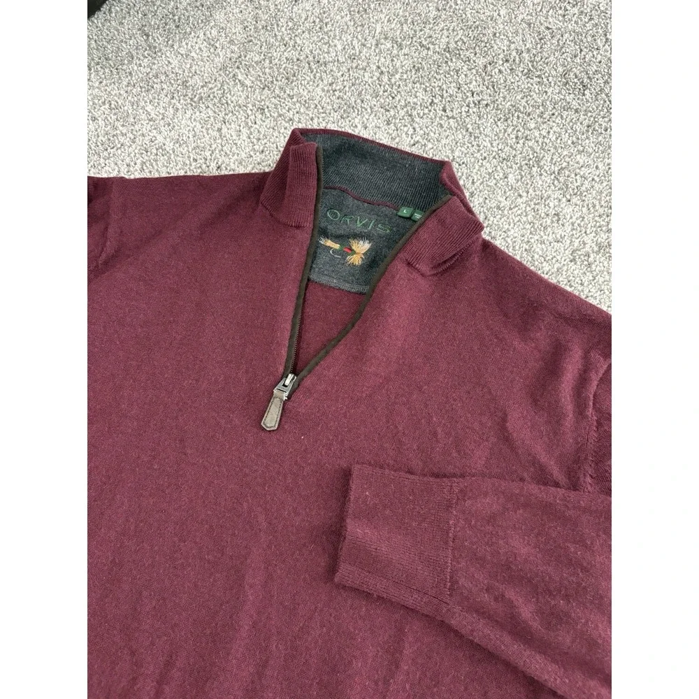 Orvis Mens Burgundy 100% Merino Wool Quarter Zip Pullover Sweater Large